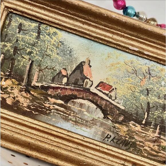 Vintage Miniature Oil Painting Scenic Bridge Board Signed Klaus Framed No Glass - Picture 4 of 5